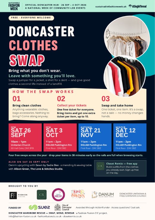 Doncaster Clothes Swap flyer — free and everyone welcome, with all four dates and venues.