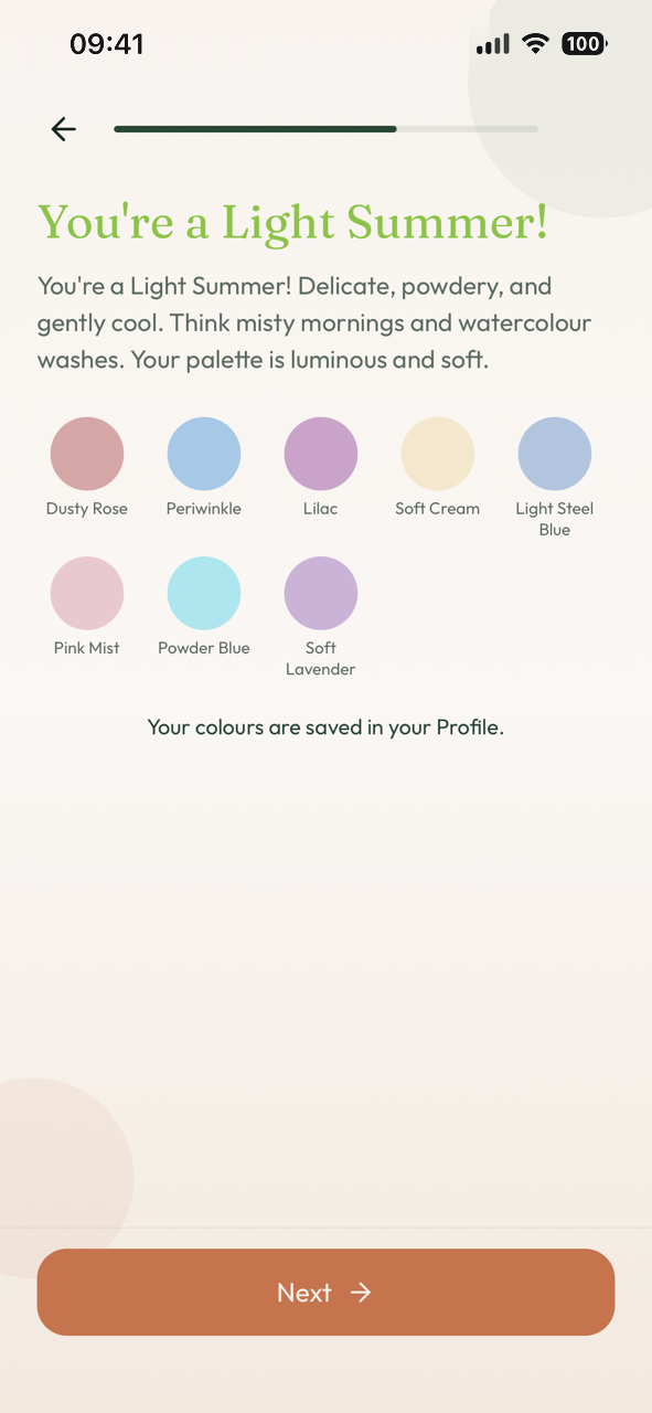 Personal colour palette — a Light Summer result with eight named swatches