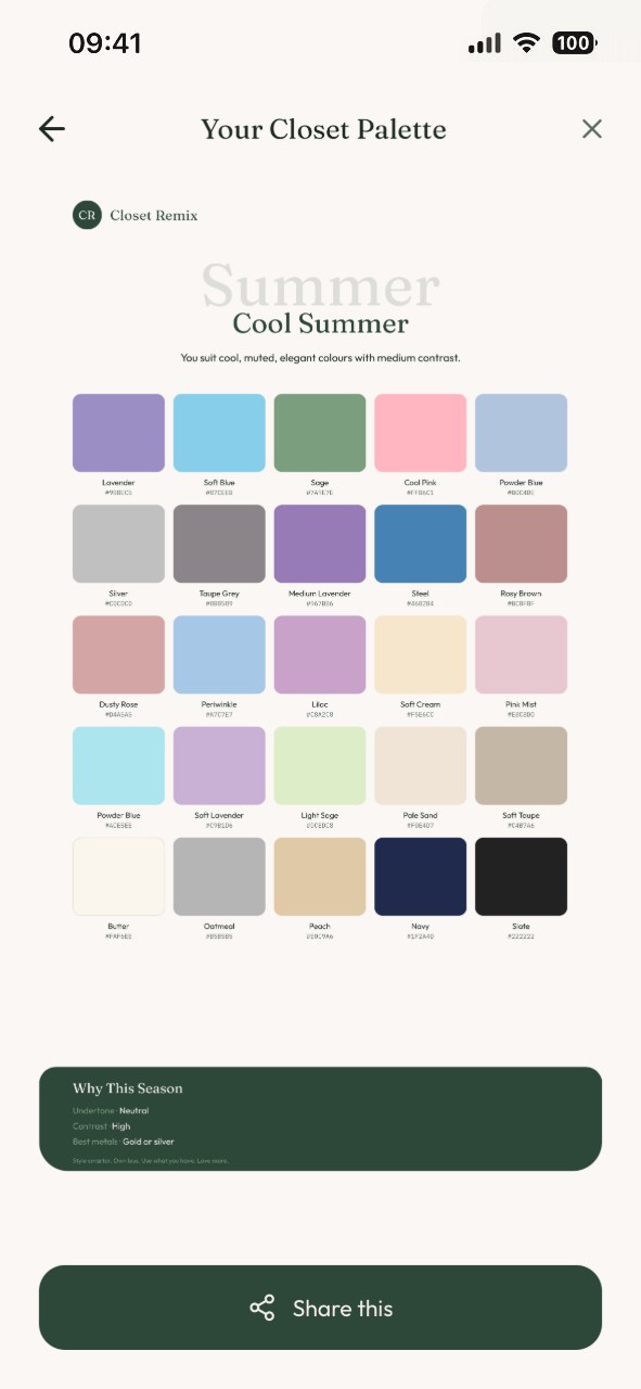 Your Closet Palette — a Cool Summer palette of twenty named colours with hex codes, and a Share this button