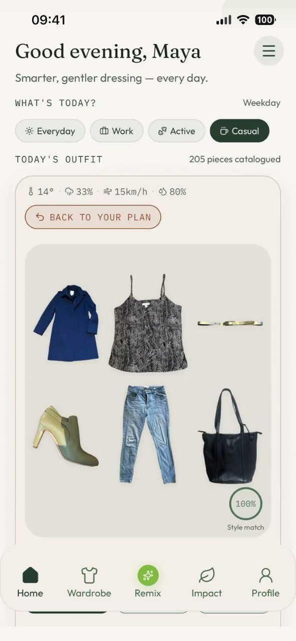 The home screen — today's outfit shown as a flat lay of coat, top, jeans, boots and tote, with a 100% style match