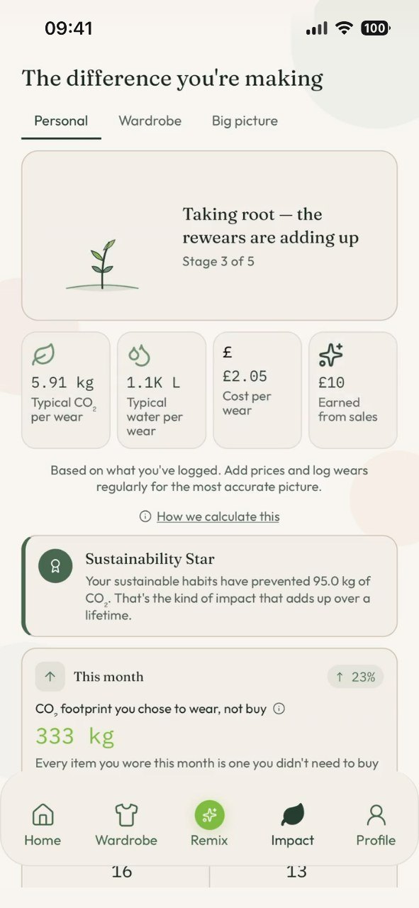 The impact screen — a growing seedling, cost per wear, CO2 and water saved, and this month’s totals