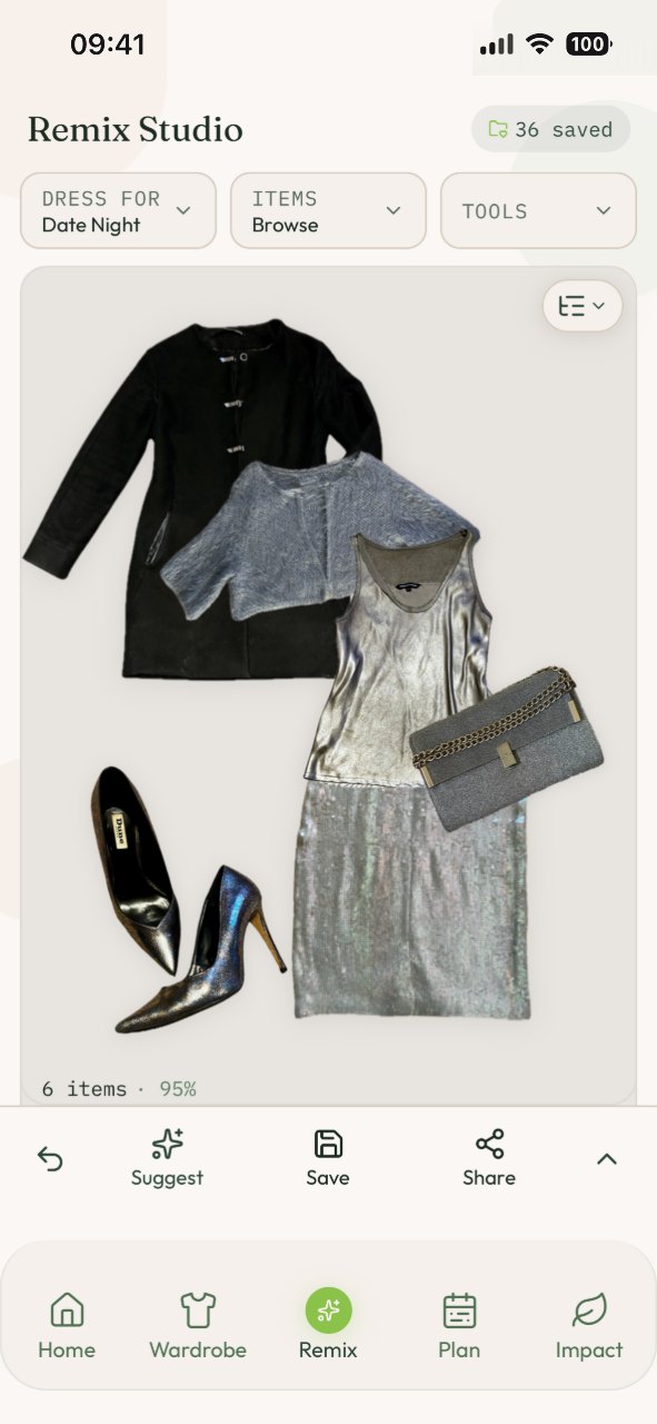 The Remix Studio — a six-piece Date Night flat lay in black and silver with a 95% match, and Suggest, Save and Share below