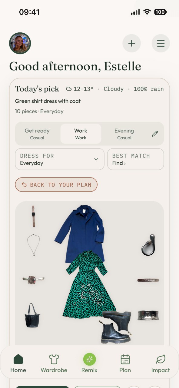 The home screen — today’s outfit as a flat lay of a khaki jacket, star-print dress, ankle boots and tote, with an 88% style match