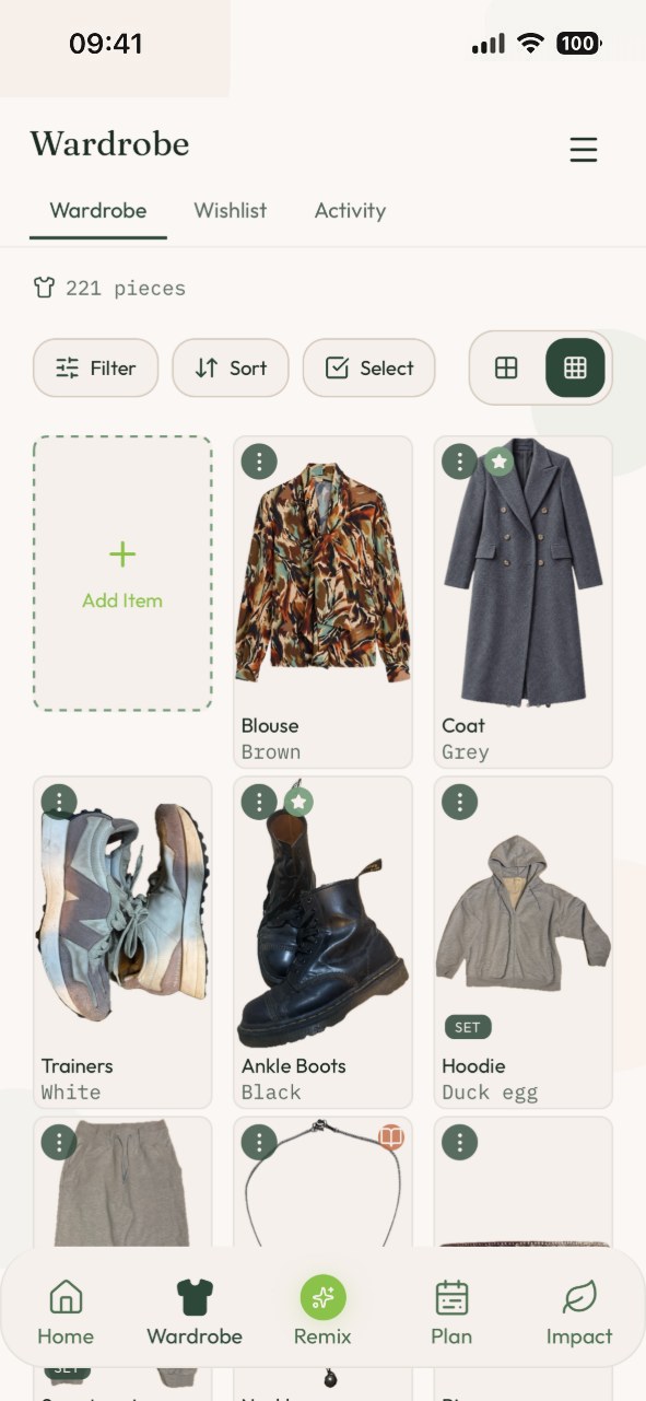 The wardrobe — a grid of catalogued pieces including jeans, fascinators, ankle boots and heeled sandals, with filter, sort and select controls