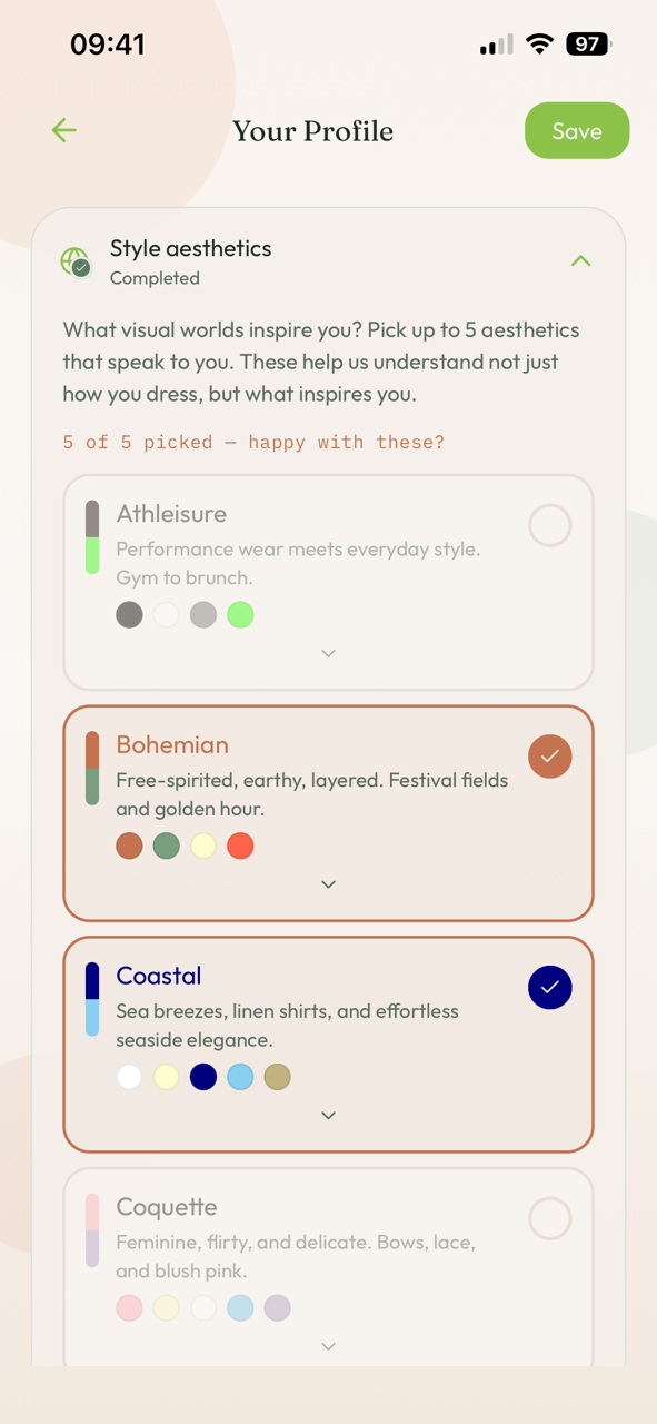 The Aesthetics picker showing twenty visual style options