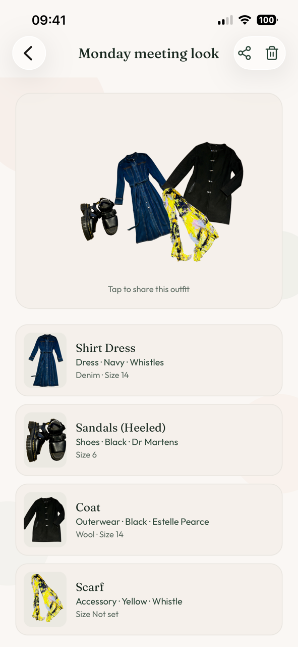 An outfit detail screen for the Monday Meeting Look, showing a coordinated dress, sandals, coat and scarf