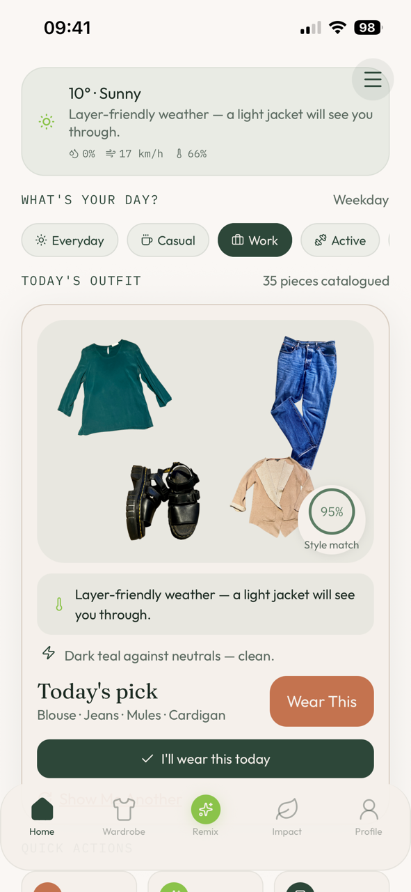 The home screen with today's outfit