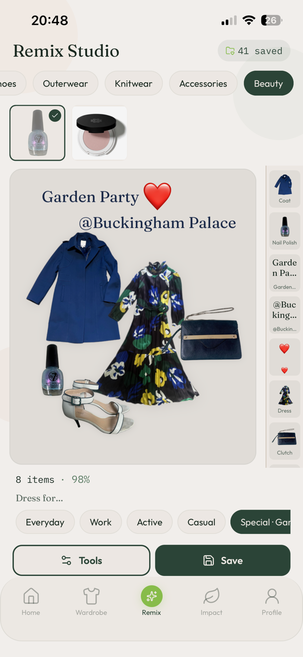 Remix Studio — a Garden Party @Buckingham Palace outfit with coat, floral dress, clutch, heels and nail polish on a flat-lay canvas, 98% Style Match